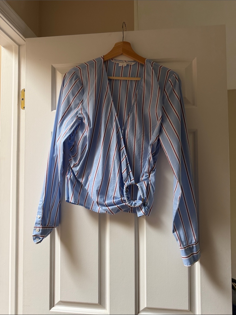 Veronica Beard Striped Wrap Blouse with Buckle in Light Blue - Women
